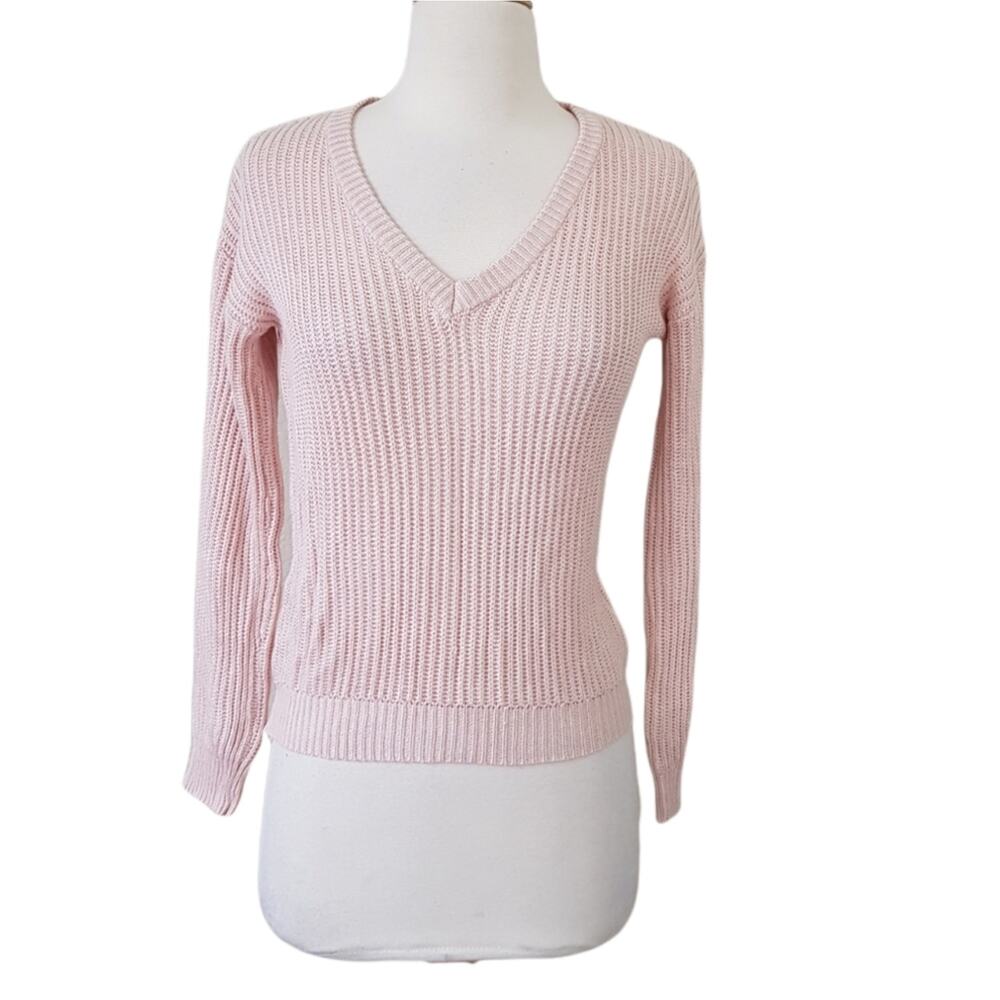 EUC Cloud Chaser Chunky Cable Knit V Neck Pale Pink Pullover Sweater XS
